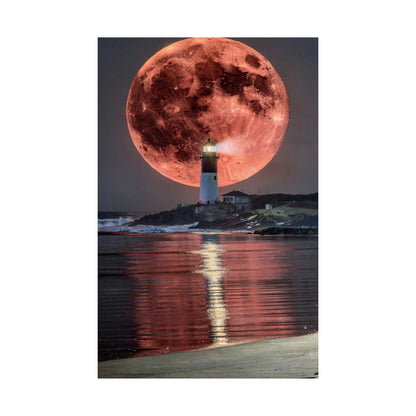 Red Moon Lighthouse Matte Vertical Poster — Surreal Coastal Wall Art