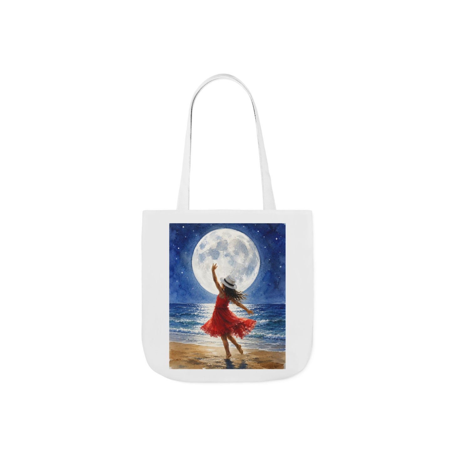 Moonlit Dance Canvas Tote Bag — Woman in Red Dress Beach Art Tote