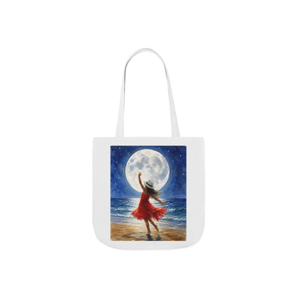 Moonlit Dance Canvas Tote Bag — Woman in Red Dress Beach Art Tote
