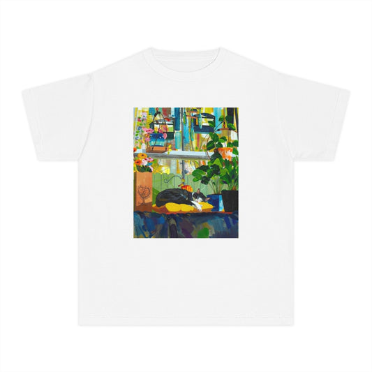 Youth Tee — Cozy Window Cat Print