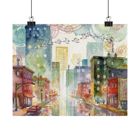Watercolor Cityscape Matte Poster — Vibrant Urban Street Art Print