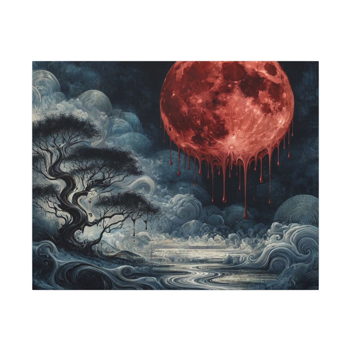 Blood Moon Canvas Art – Dripping Red Moon Over Misty Landscape, Matte Stretched Wall Art