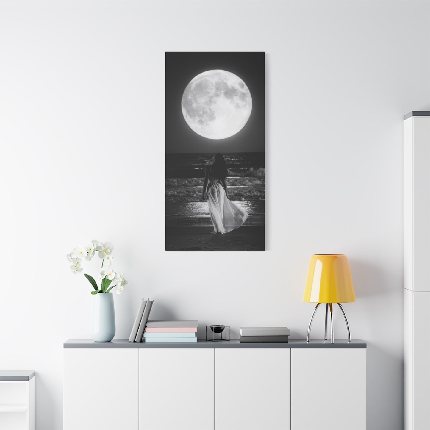 Moonlit Beach Canvas Wall Art — Woman Walking Toward Full Moon (Black & White)