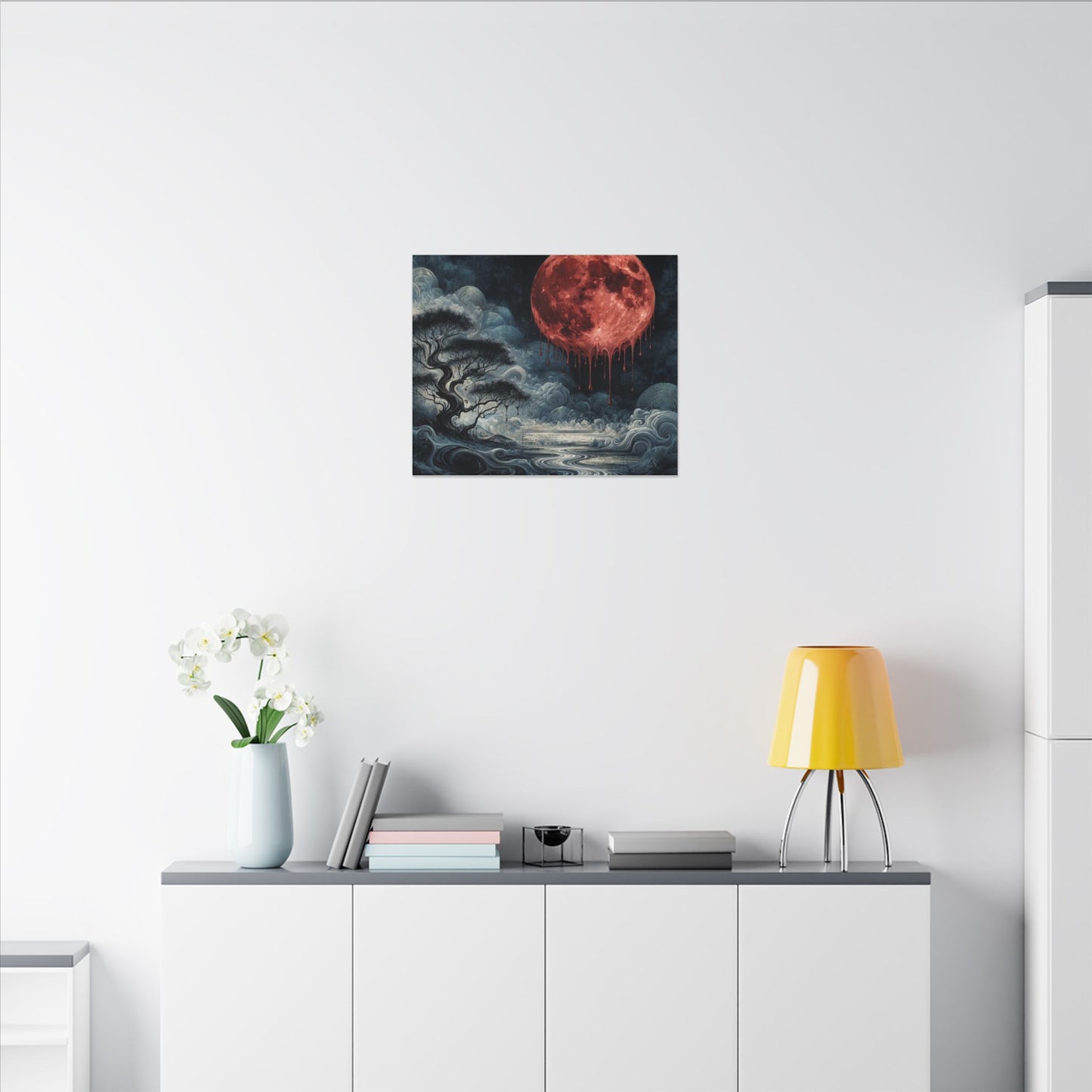 Blood Moon Canvas Art – Dripping Red Moon Over Misty Landscape, Matte Stretched Wall Art