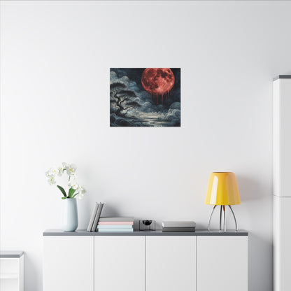 Blood Moon Canvas Art – Dripping Red Moon Over Misty Landscape, Matte Stretched Wall Art
