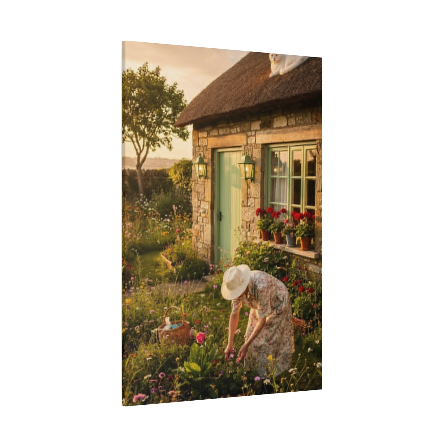 Cottage Garden Canvas Print — Woman Tending Flowers Matte Stretched Wall Art