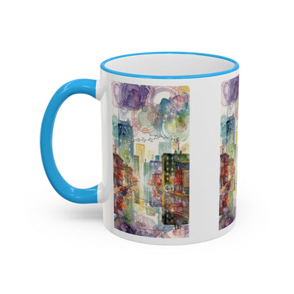 Abstract Cityscape Accent Rim Mug – Colorful Urban Watercolor Coffee Cup (11oz/15oz)