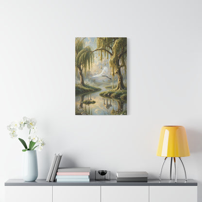 Tranquil Willow Canvas Print — Dreamy Lake Landscape Wall Art