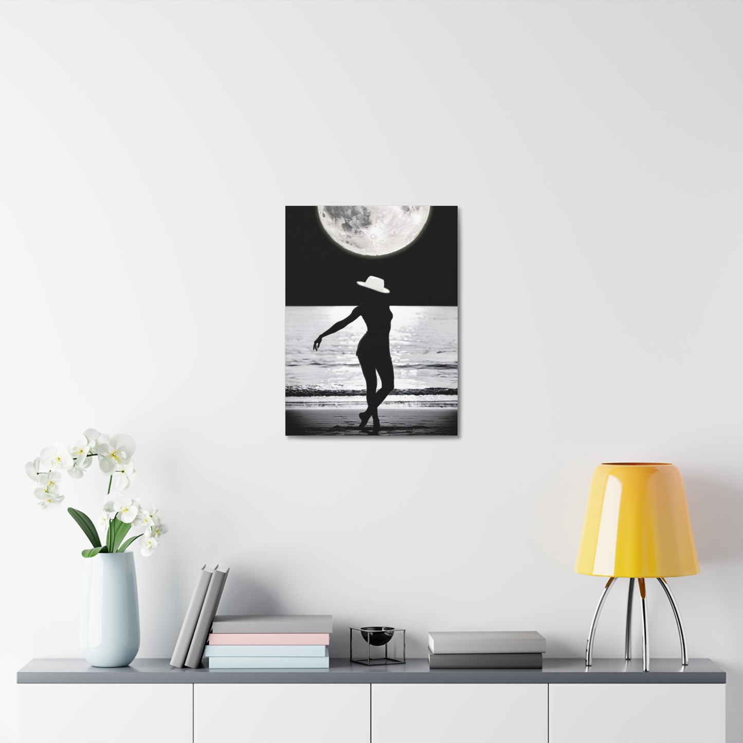 Silhouette at Moonlight – Beach Woman Stretched Canvas Wall Art