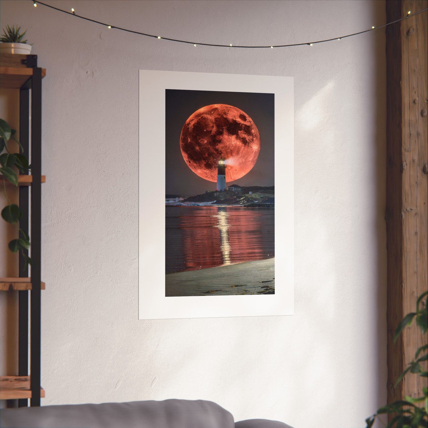 Red Moon Lighthouse Matte Vertical Poster — Surreal Coastal Wall Art