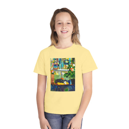 Youth Tee — Cozy Window Cat Print