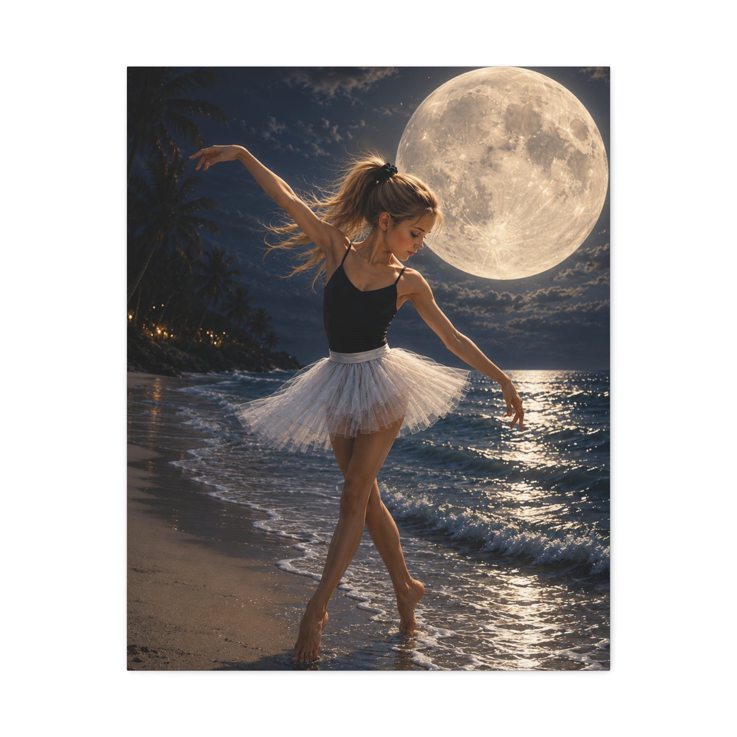 Ballerina Moonlit Beach Stretched Canvas — Dreamy Dance Wall Art