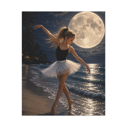 Ballerina Moonlit Beach Stretched Canvas — Dreamy Dance Wall Art