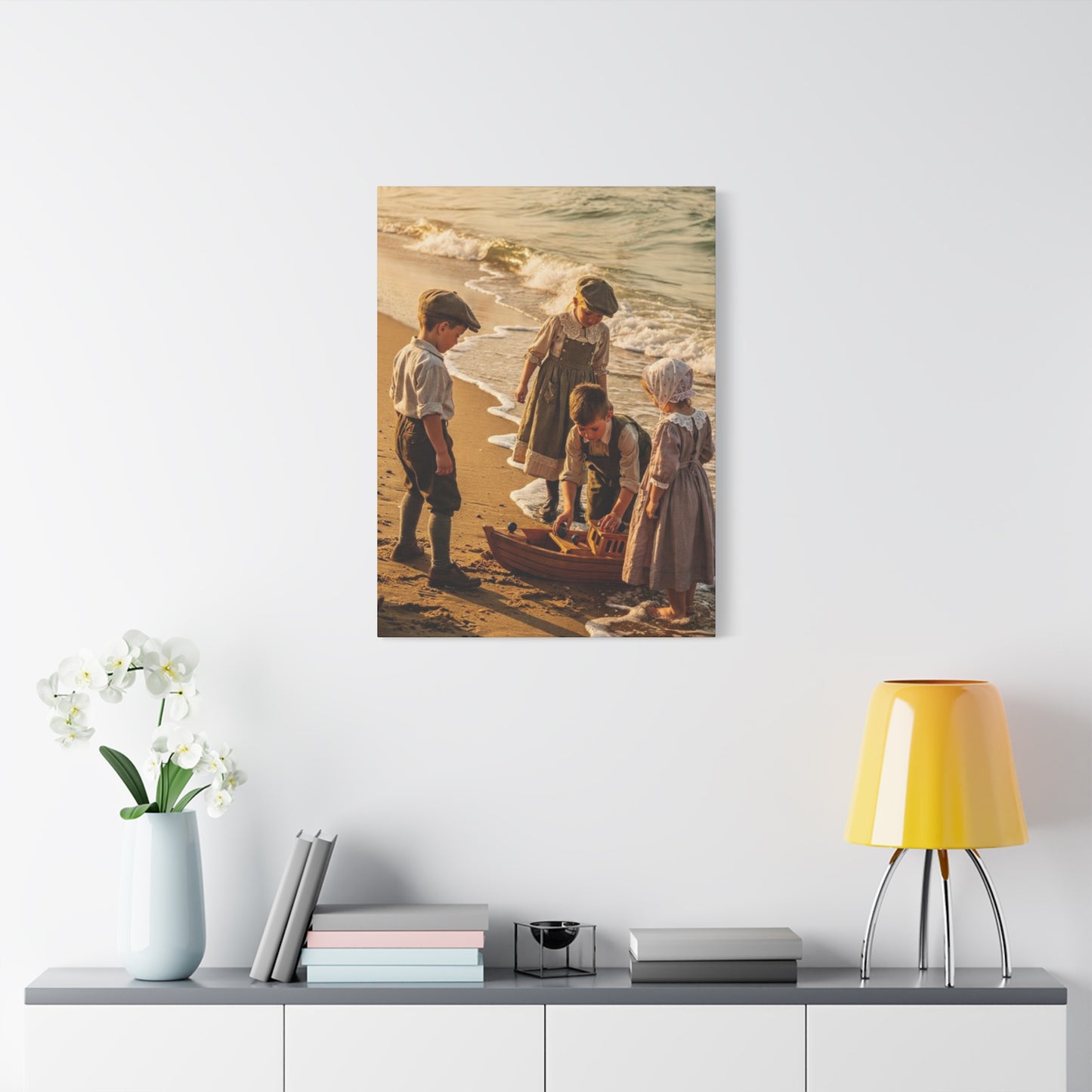Vintage Children at the Beach Matte Canvas Wall Art (Stretched 1.25")