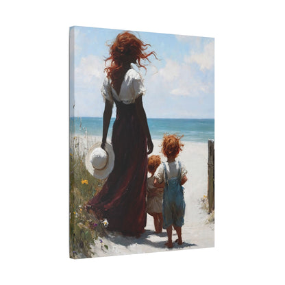 Beach Walk Canvas Print — Mother and Children Seaside Wall Art