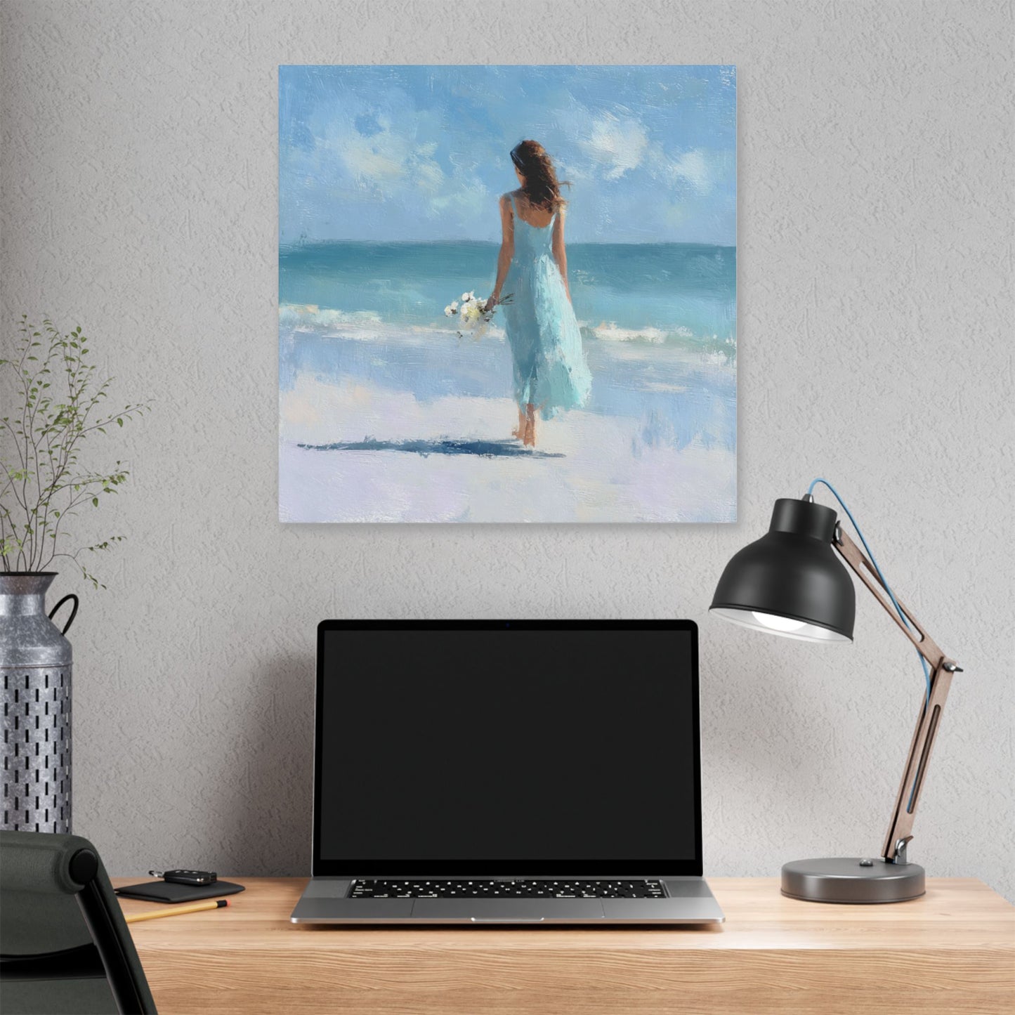 Coastal Serenity Canvas – Woman in Blue Beach Wall Art
