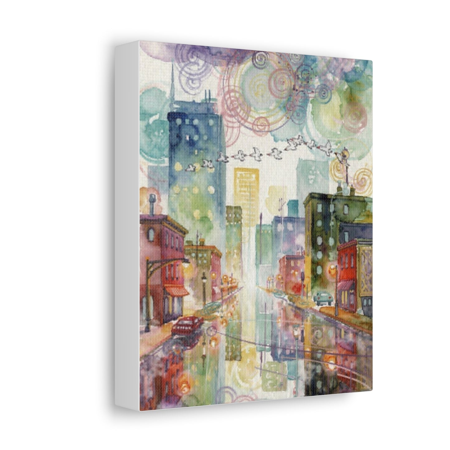 Cityscape Watercolor Stretched Canvas Wall Art — Dreamy Urban Skyline