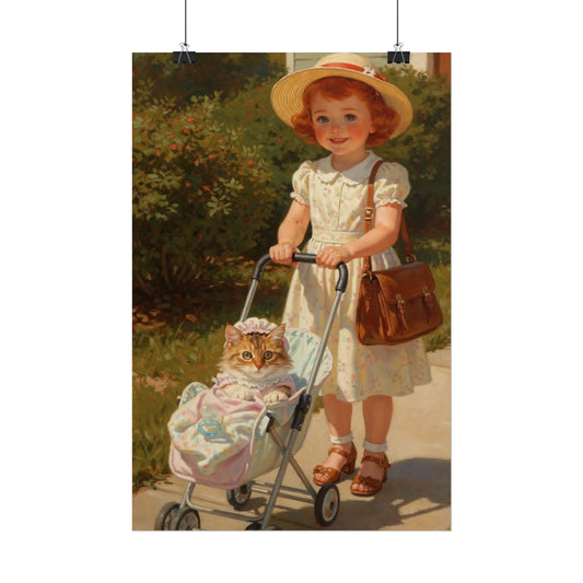 Vintage Girl with Stroller Rolled Poster – Charming Nursery Wall Art