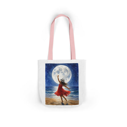Moonlit Dance Canvas Tote Bag — Woman in Red Dress Beach Art Tote
