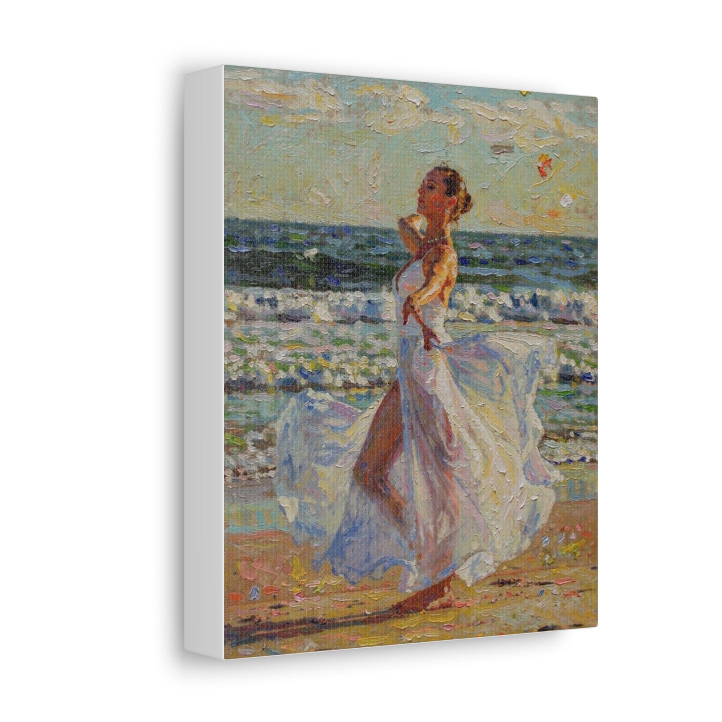 Beach Stroll Canvas Print — Woman in Flowing White Dress Seaside Wall Art