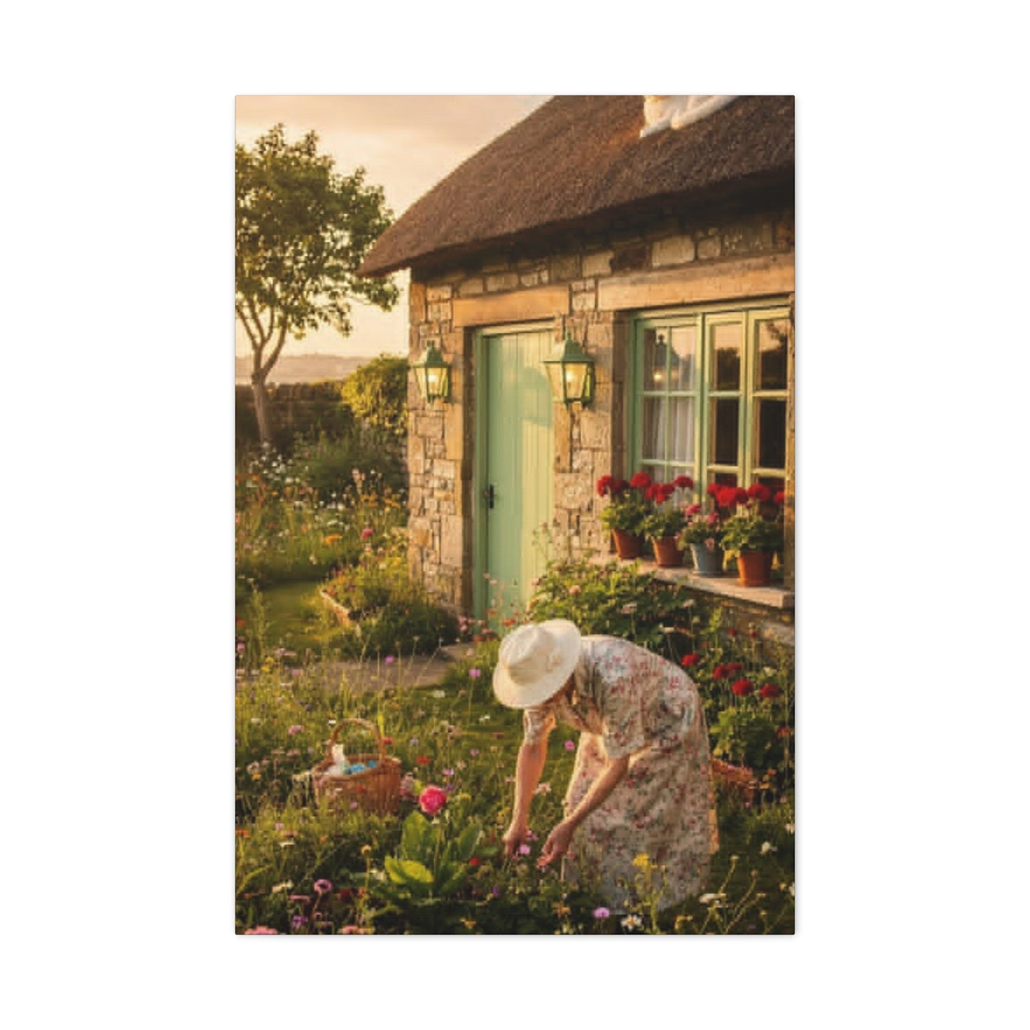 Cottage Garden Canvas Print — Woman Tending Flowers Matte Stretched Wall Art