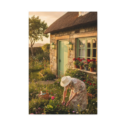 Cottage Garden Canvas Print — Woman Tending Flowers Matte Stretched Wall Art
