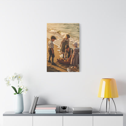 Vintage Children at the Beach Matte Canvas Wall Art (Stretched 1.25")