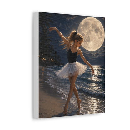 Ballerina Moonlit Beach Stretched Canvas — Dreamy Dance Wall Art