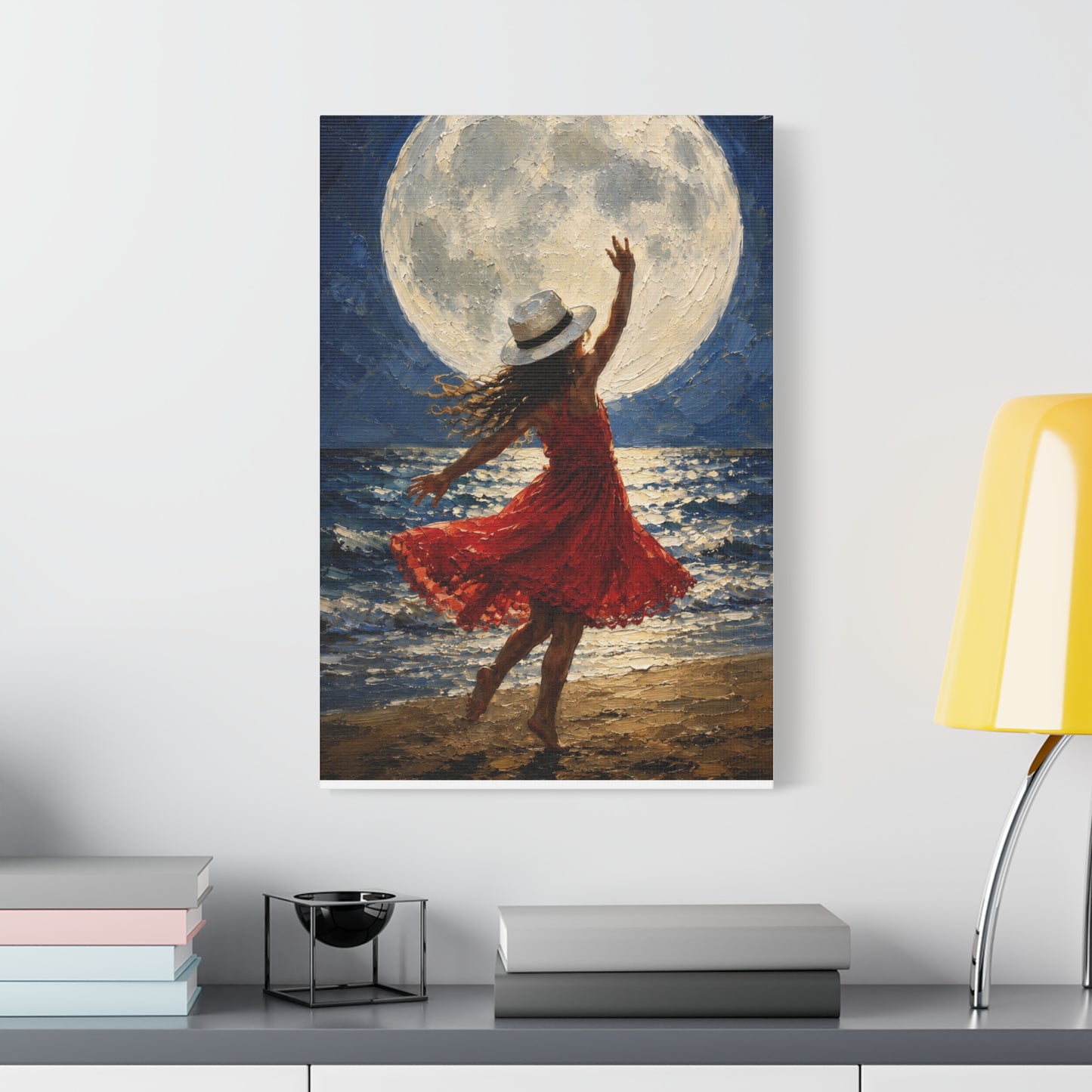 Moonlit Dance Canvas Wall Art – Woman in Red Dress Beach Painting