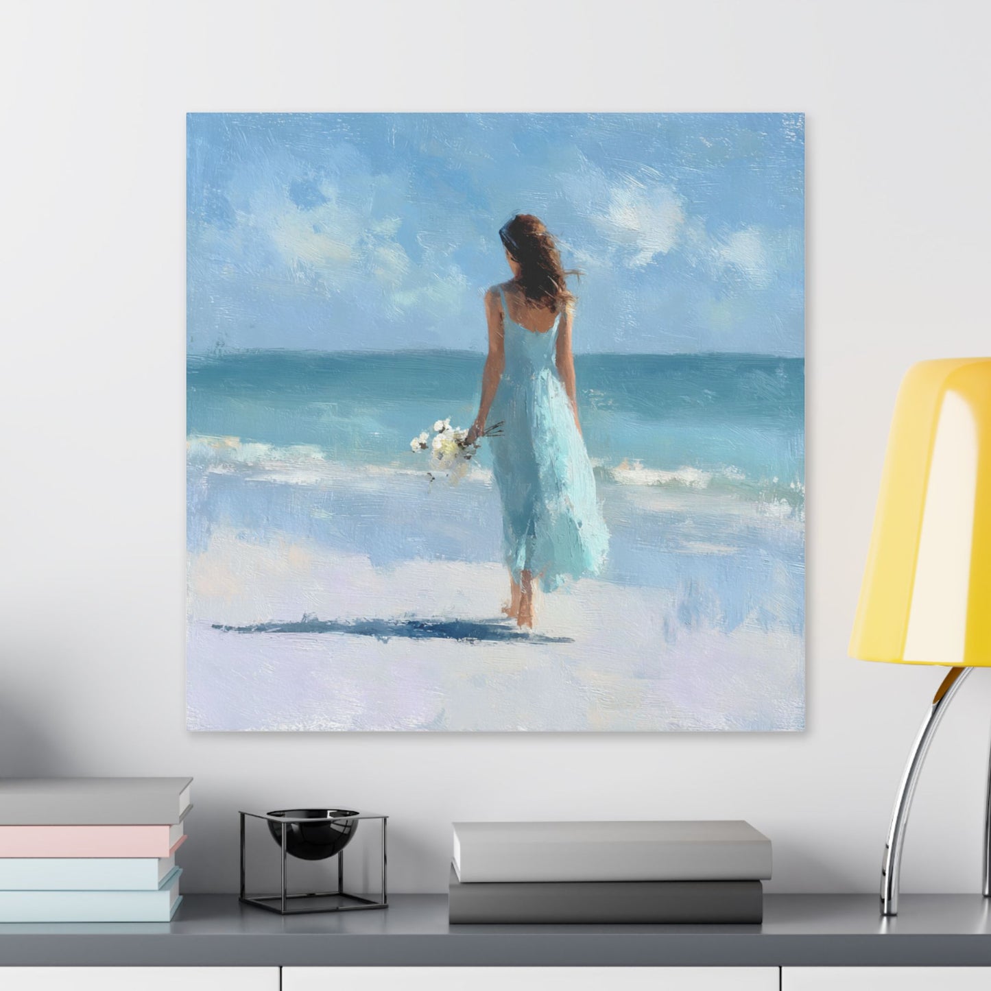 Coastal Serenity Canvas – Woman in Blue Beach Wall Art
