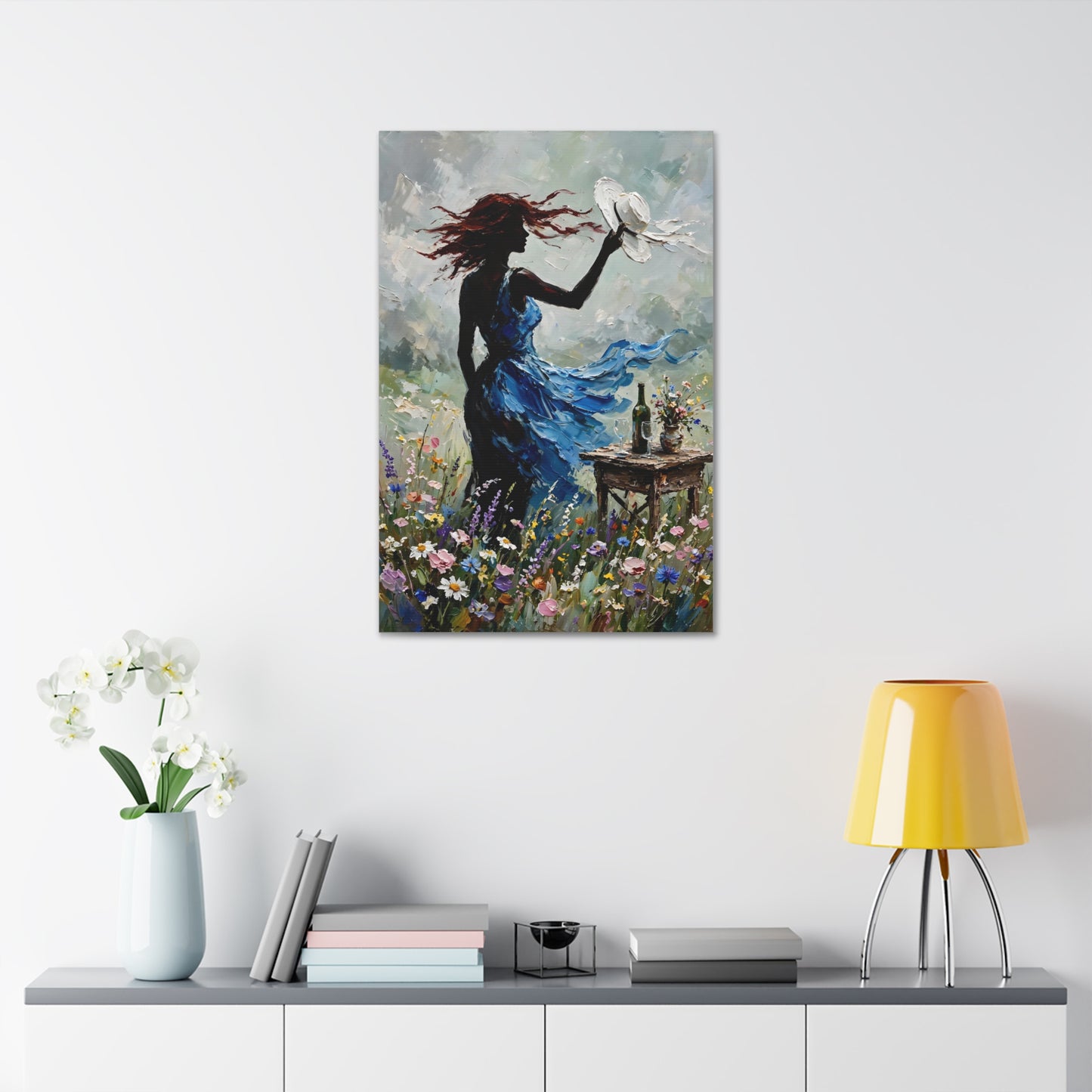 Canvas Wall Art – 'Windy Day' Woman in Blue Dress Painting (Stretched Canvas)