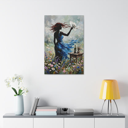 Canvas Wall Art – 'Windy Day' Woman in Blue Dress Painting (Stretched Canvas)