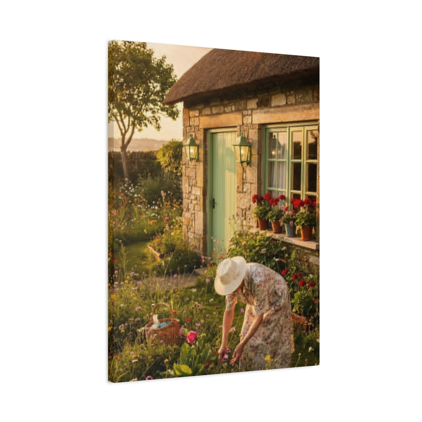 Cottage Garden Canvas Print — Woman Tending Flowers Matte Stretched Wall Art