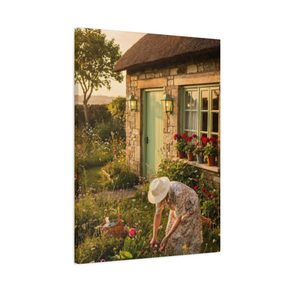 Cottage Garden Canvas Print — Woman Tending Flowers Matte Stretched Wall Art