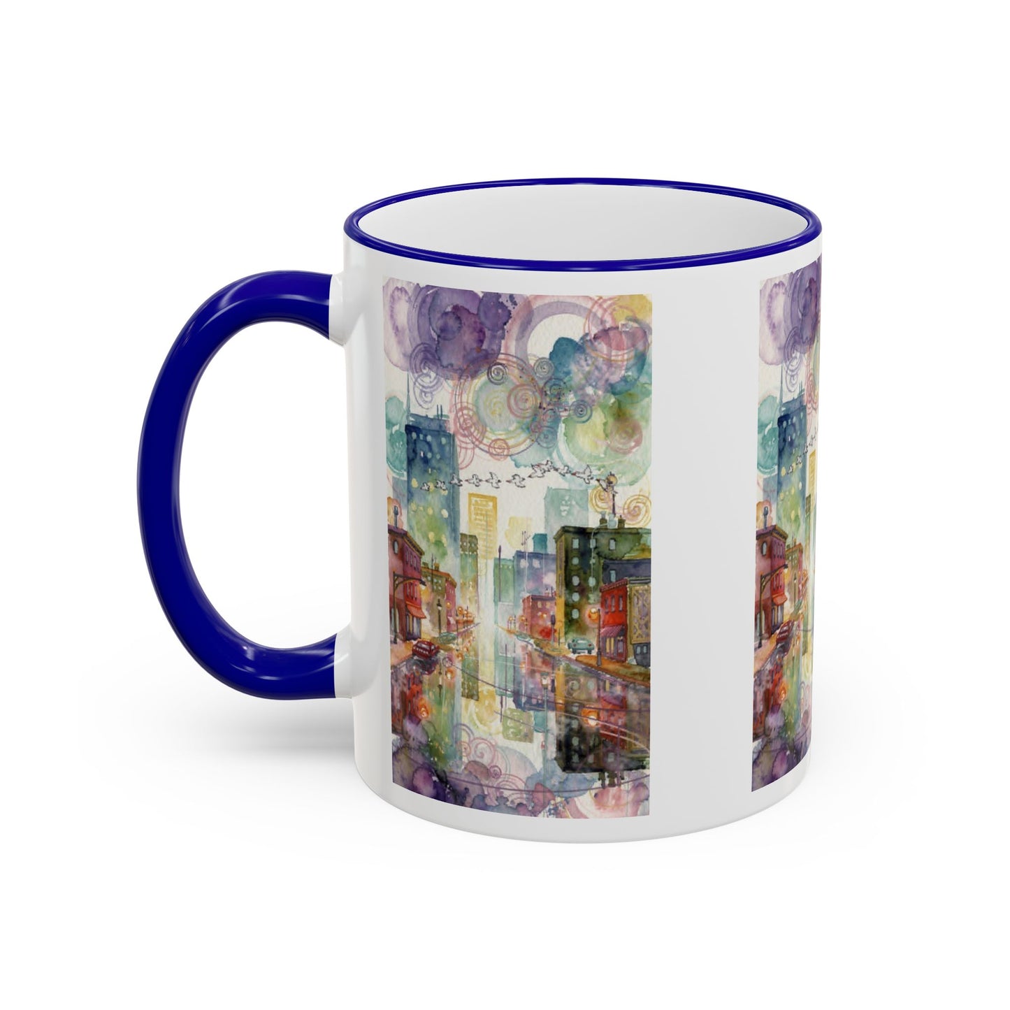 Abstract Cityscape Accent Rim Mug – Colorful Urban Watercolor Coffee Cup (11oz/15oz)
