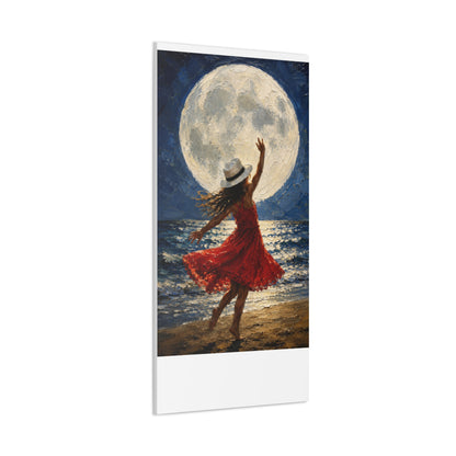 Moonlit Dance Canvas Wall Art – Woman in Red Dress Beach Painting