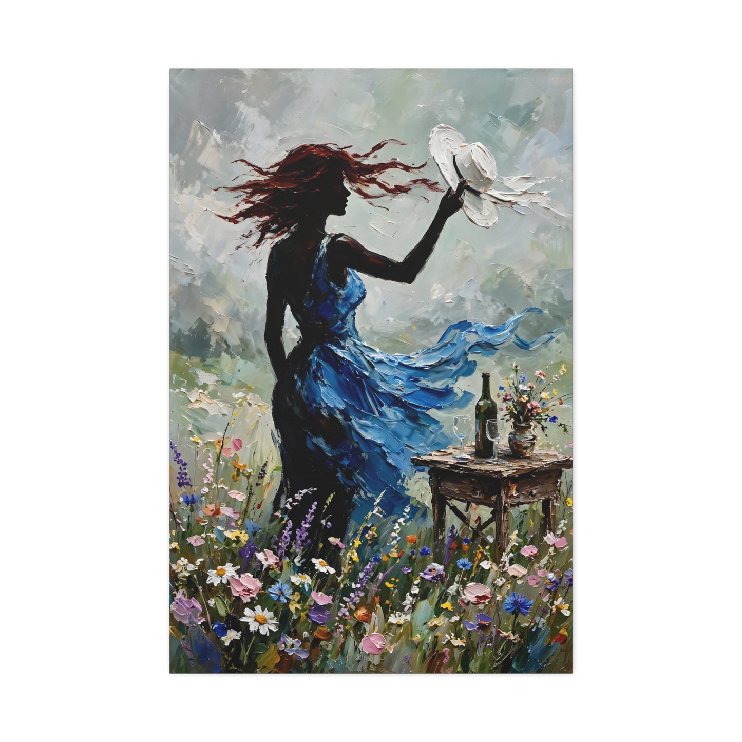 Canvas Wall Art – 'Windy Day' Woman in Blue Dress Painting (Stretched Canvas)