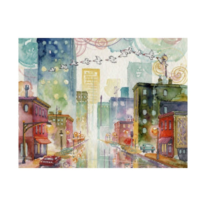Watercolor Cityscape Matte Poster — Vibrant Urban Street Art Print