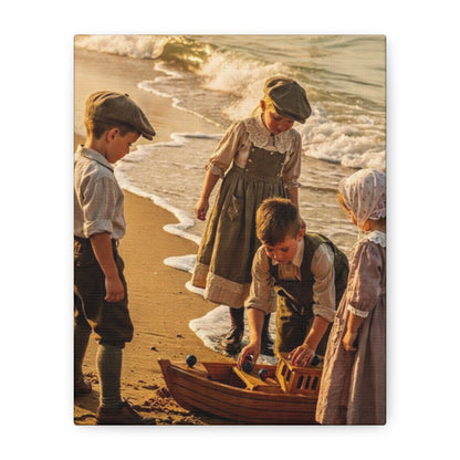 Vintage Children at the Beach Matte Canvas Wall Art (Stretched 1.25")