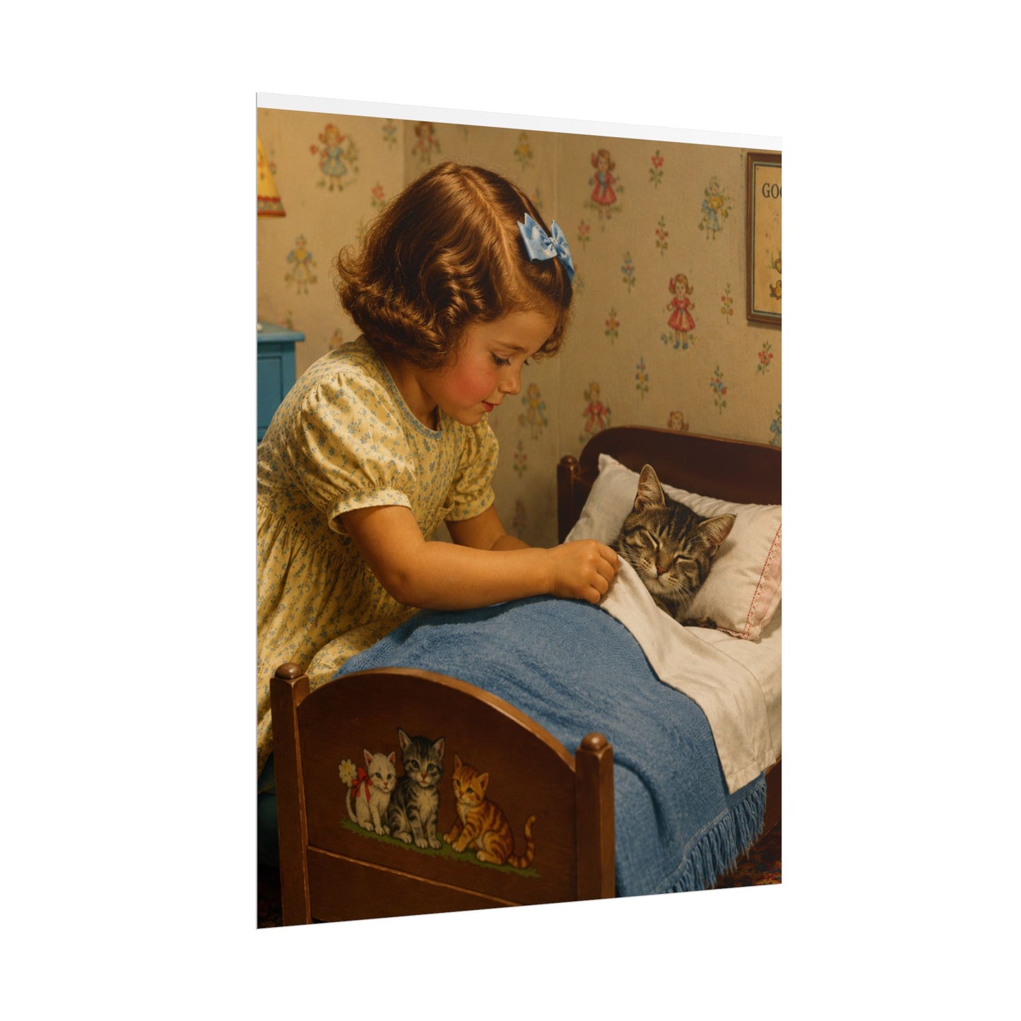 Vintage Nursery Poster — Girl Tucking Kitten into Bed (Rolled Poster)