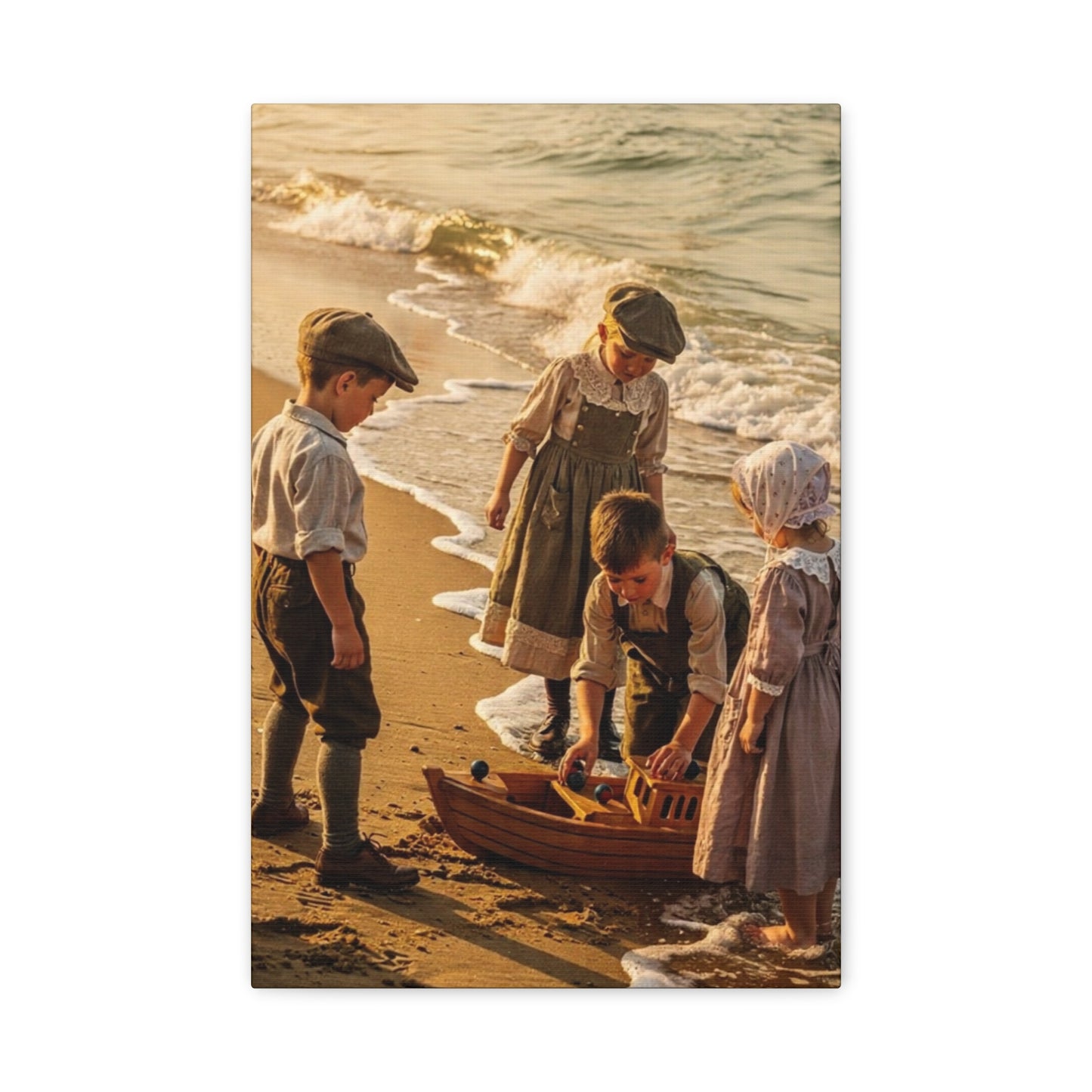 Vintage Children at the Beach Matte Canvas Wall Art (Stretched 1.25")