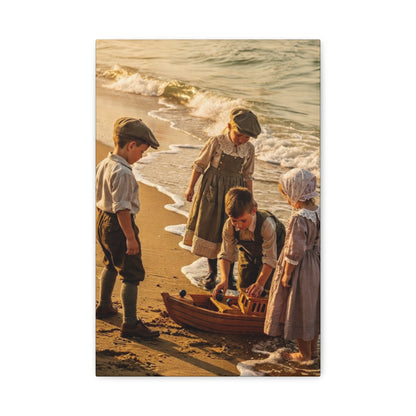 Vintage Children at the Beach Matte Canvas Wall Art (Stretched 1.25")