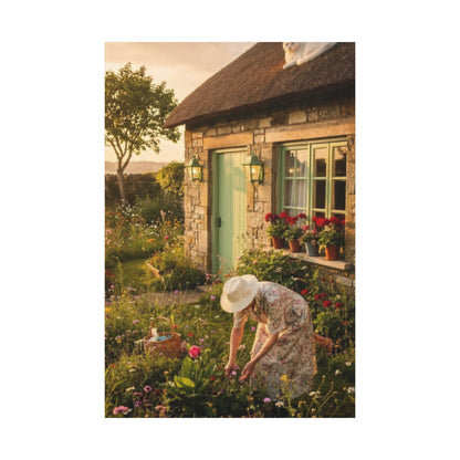 Cottage Garden Canvas Print — Woman Tending Flowers Matte Stretched Wall Art