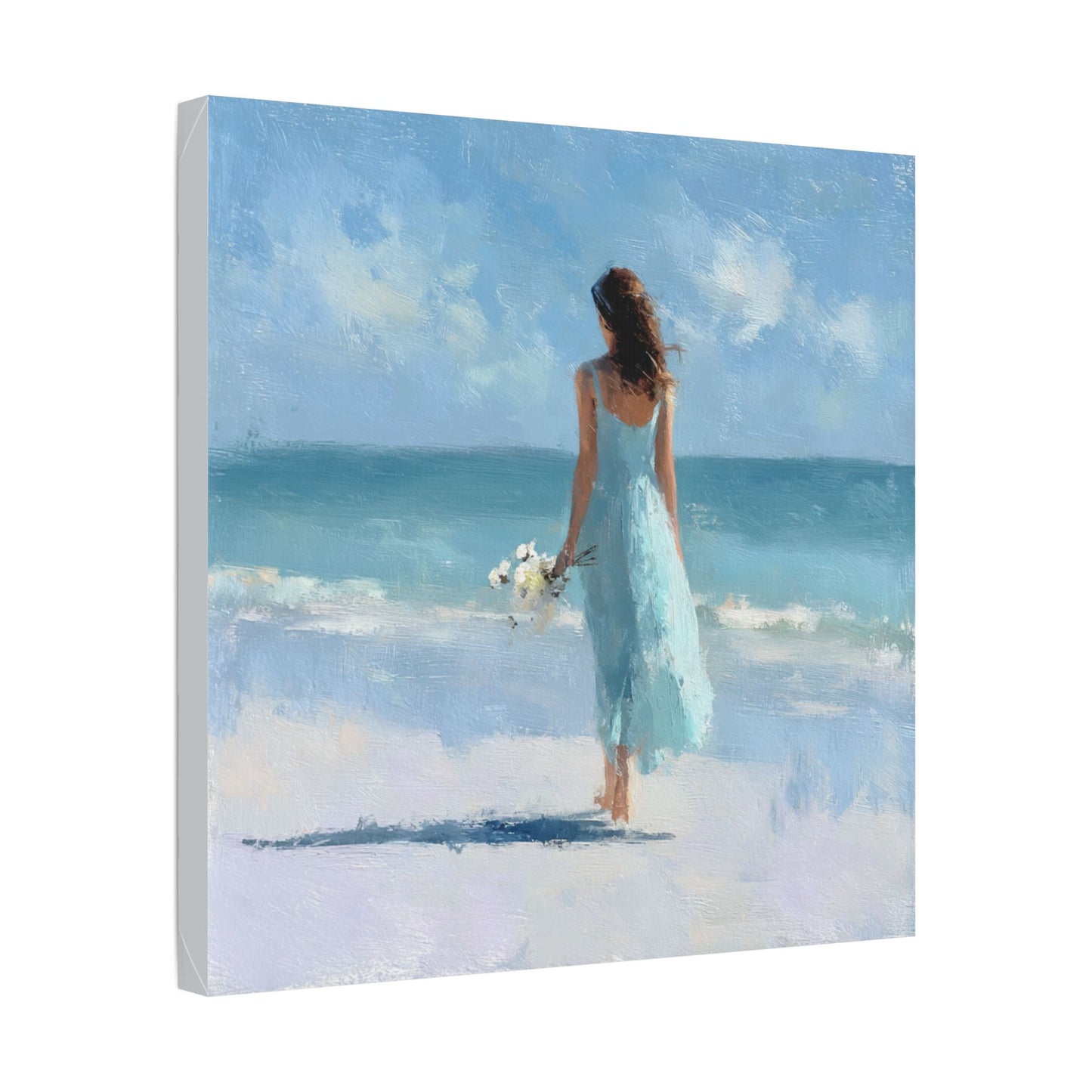 Coastal Serenity Canvas – Woman in Blue Beach Wall Art
