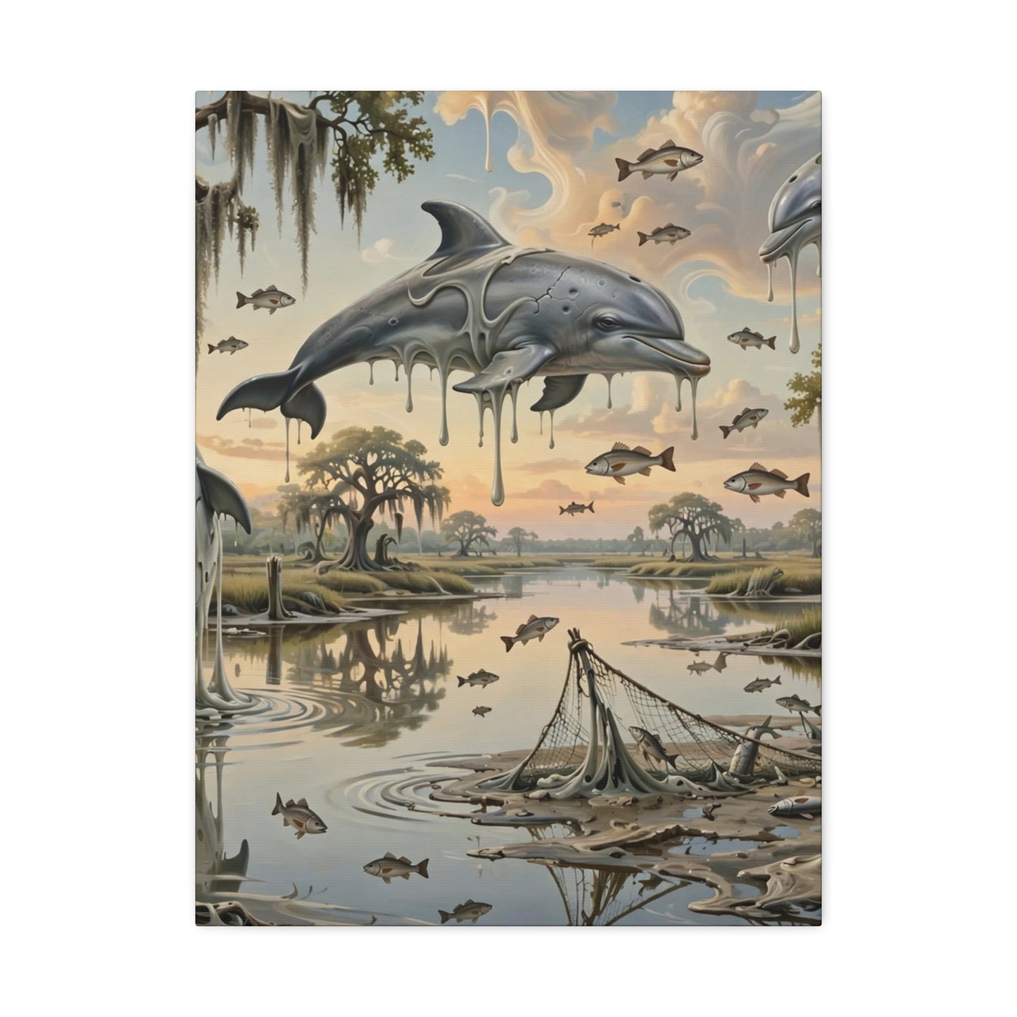 Surreal Dolphin Marsh Stretched Canvas – Dripping Sky Whales Art Print