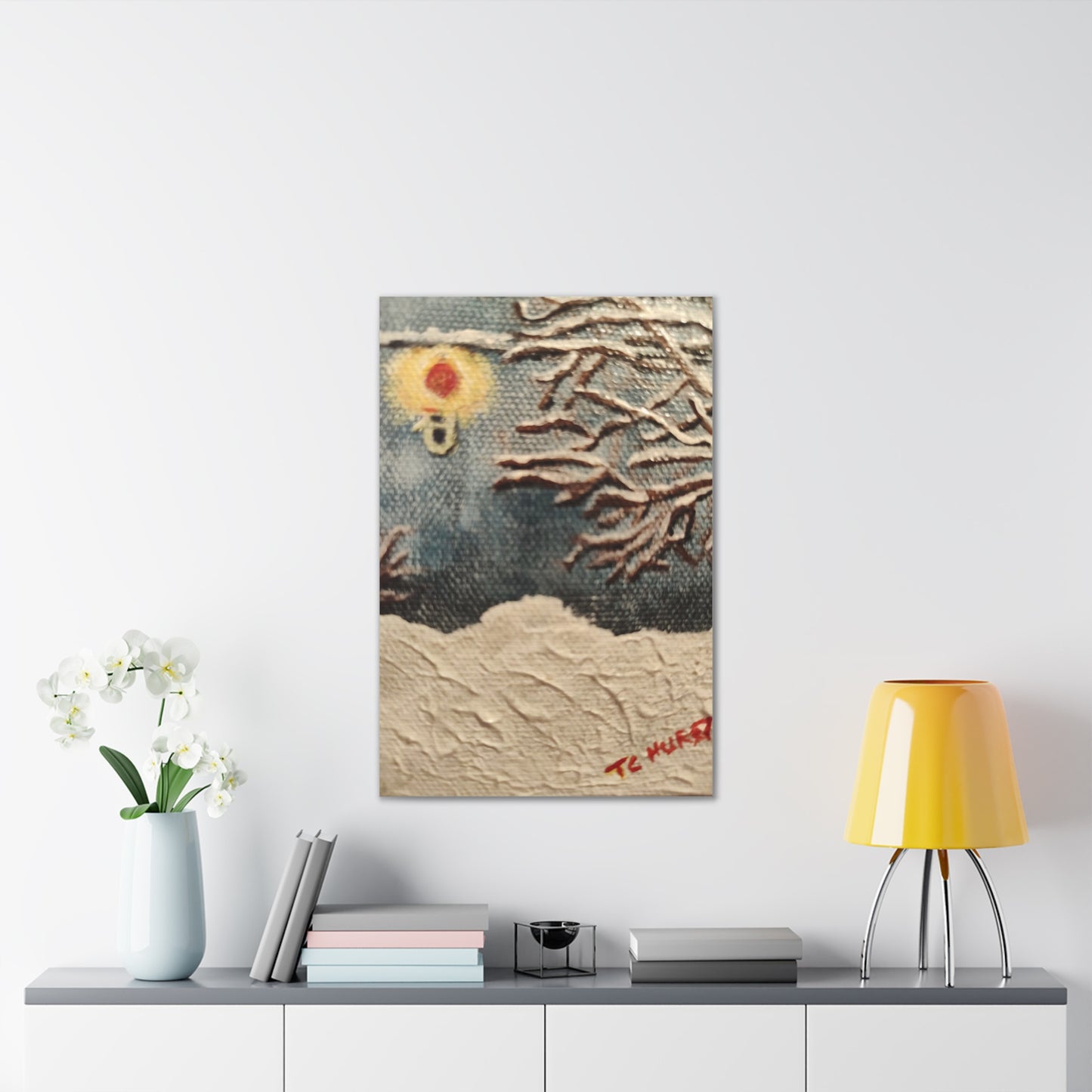 Winter Night Canvas Art – Stretched 0.75" Snowy Tree & Lantern Wall Print