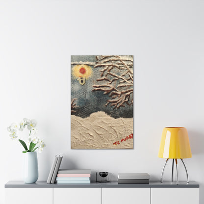 Winter Night Canvas Art – Stretched 0.75" Snowy Tree & Lantern Wall Print