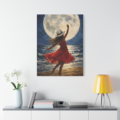 Moonlit Dance Canvas Wall Art – Woman in Red Dress Beach Painting