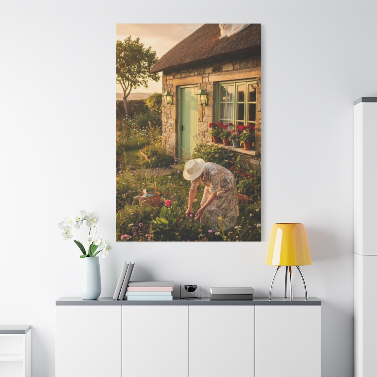 Cottage Garden Canvas Print — Woman Tending Flowers Matte Stretched Wall Art