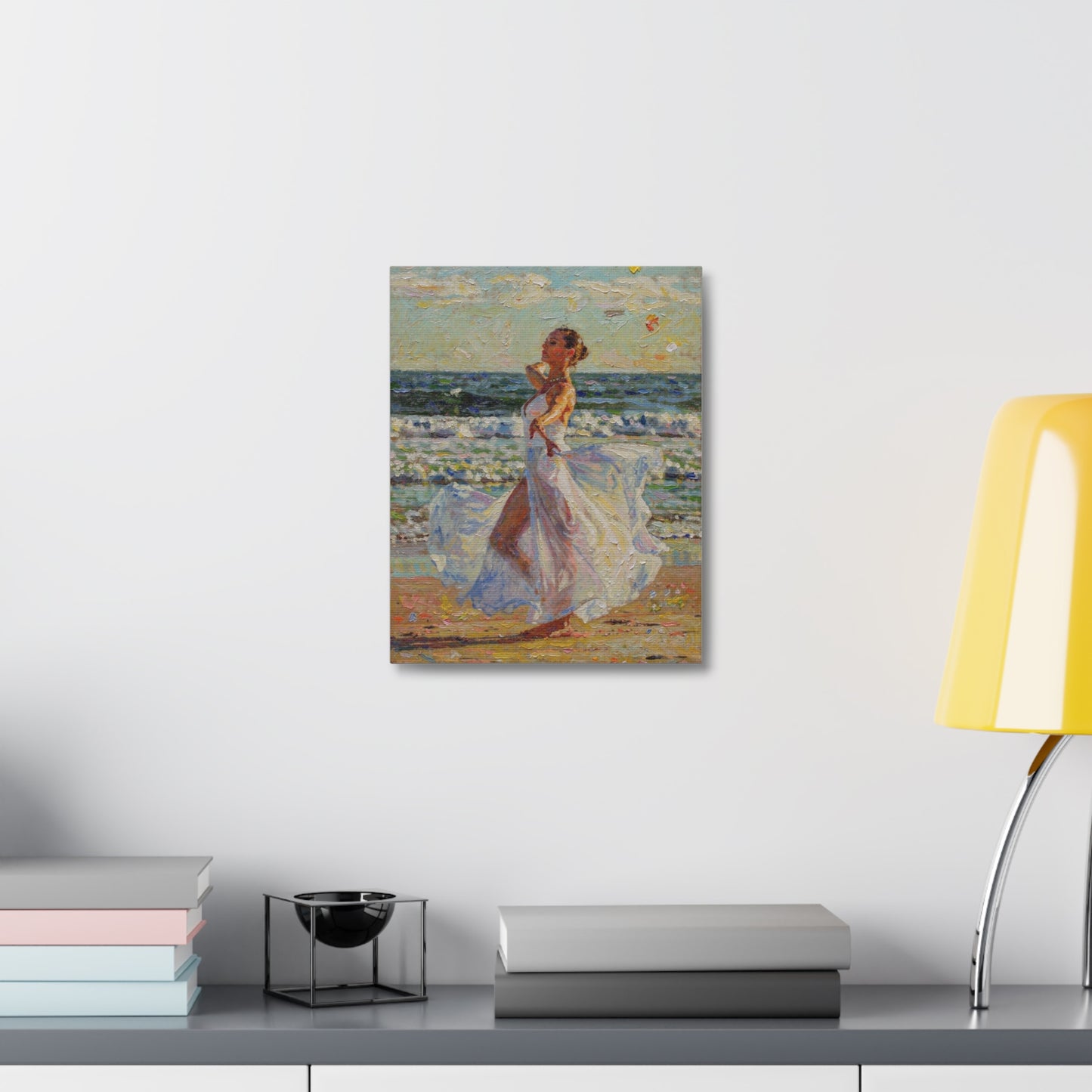 Beach Stroll Canvas Print — Woman in Flowing White Dress Seaside Wall Art